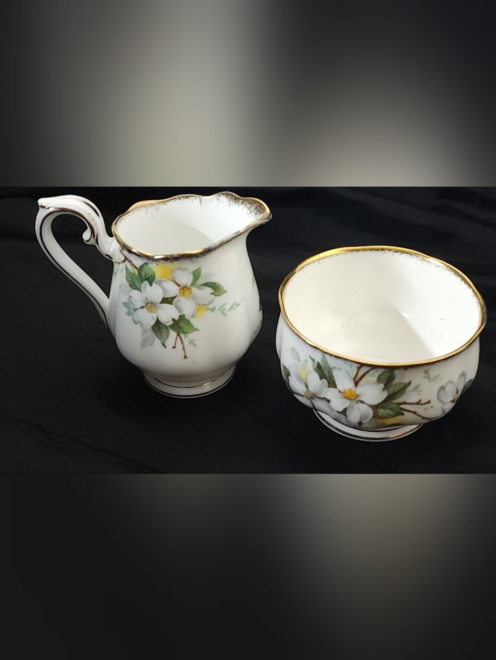 Royal Albert White Dogwood Bone China Creamer Sugar Bowl England Gold Trim